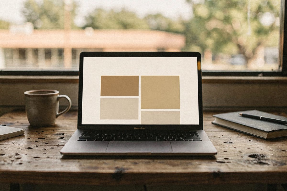 A laptop on a desk showing a finished website homepage design.