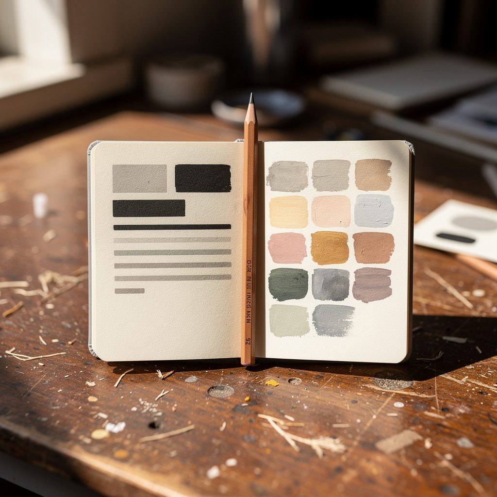 An open brand guideline booklet with a pencil resting across its spine.