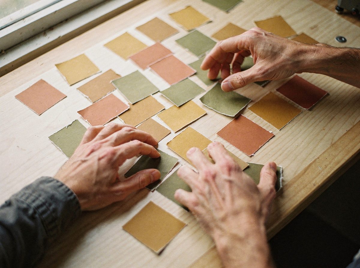 Hands arranging paper color swatches in ochre, olive and terracotta on a light table.