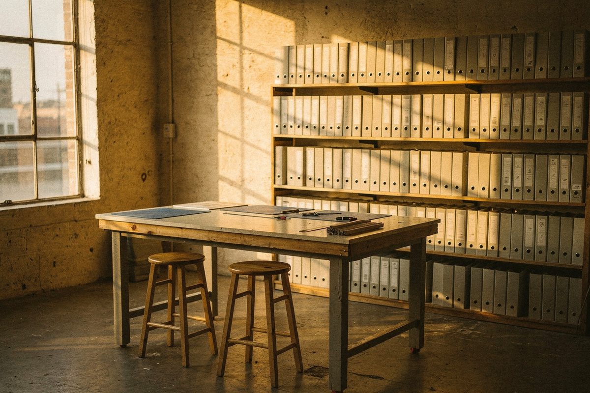 The interior of the studio, showing a wall of bound proof binders and a long worktable.