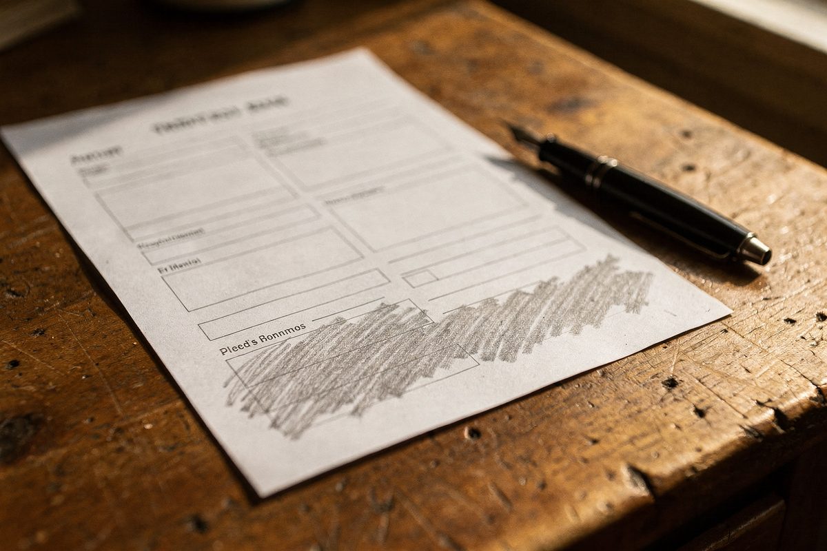 A printed positioning worksheet with handwritten pencil notes and a fountain pen beside it.